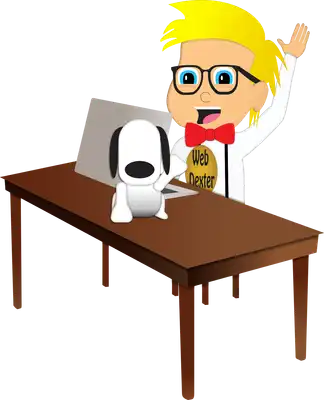 Web Dexter and Byte waving at a desk