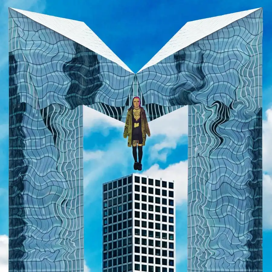 M hovering over a cityscape