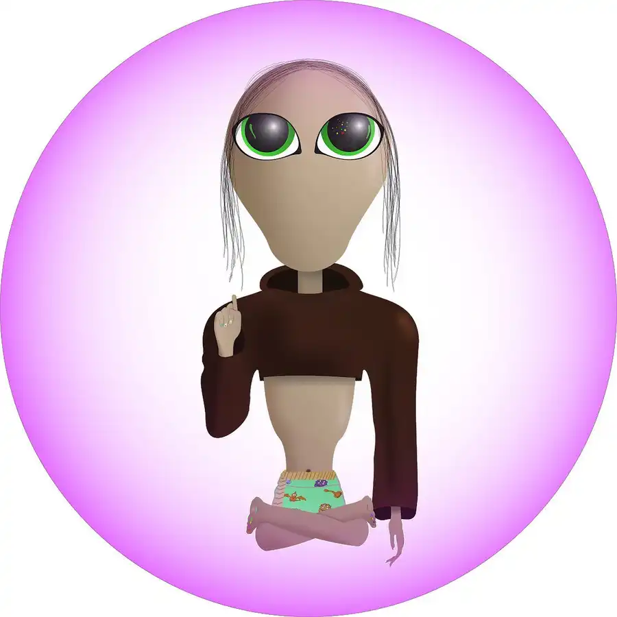 An alien hovering in a bubble with a croptop robe and dinosaur shorts